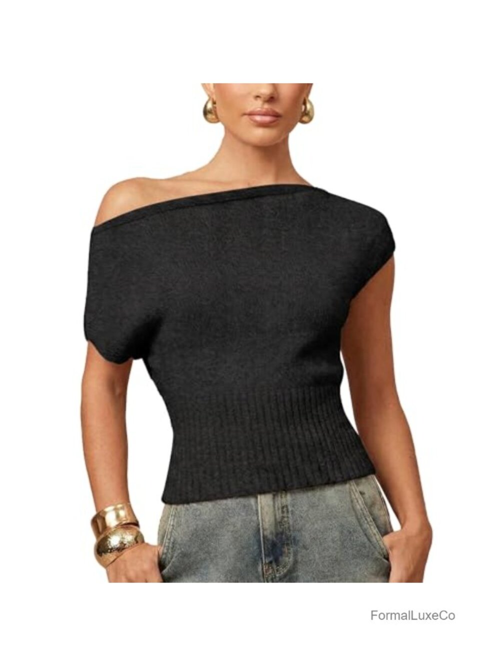 Off Shoulder Ribbed Knit Sweater Top Cap Sleeve Women's Pullover